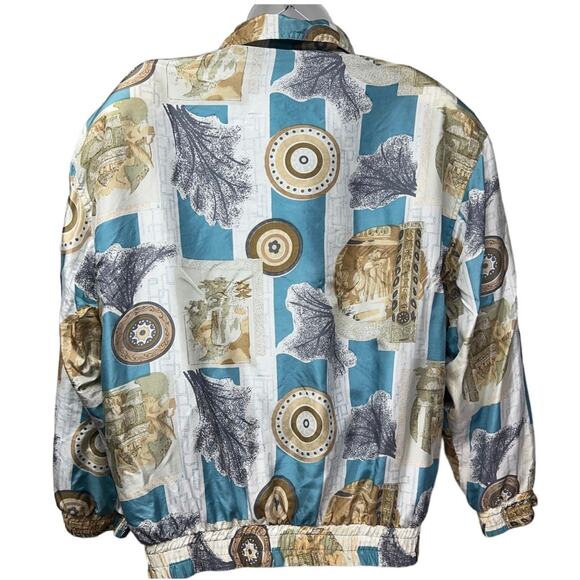 Vintage Fuda International Blue Beige Print 100% Silk Full Zip Jacket Size Small - Picture 2 of 4